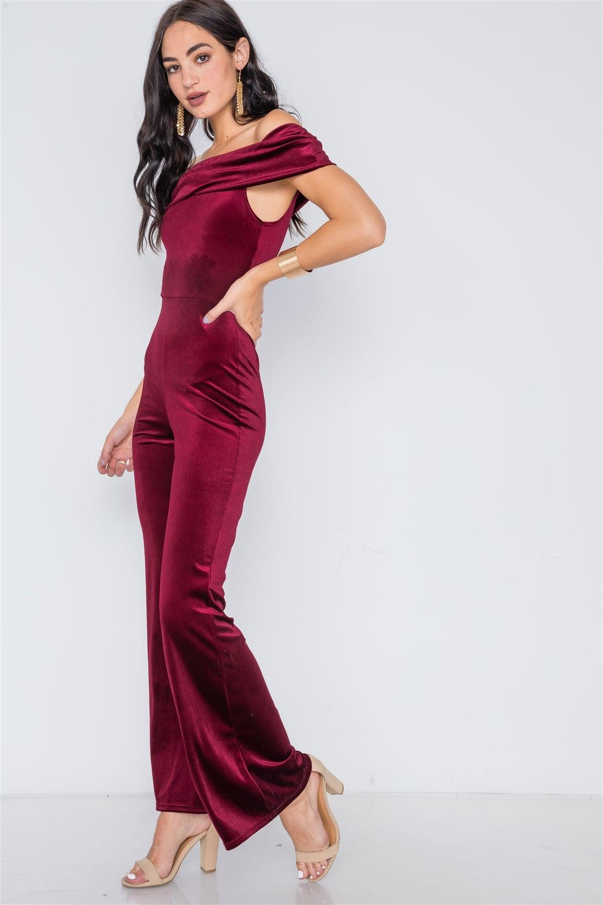 Burgundy Off-The-Shoulder Bodycon Evening Jumpsuit /2-2-2