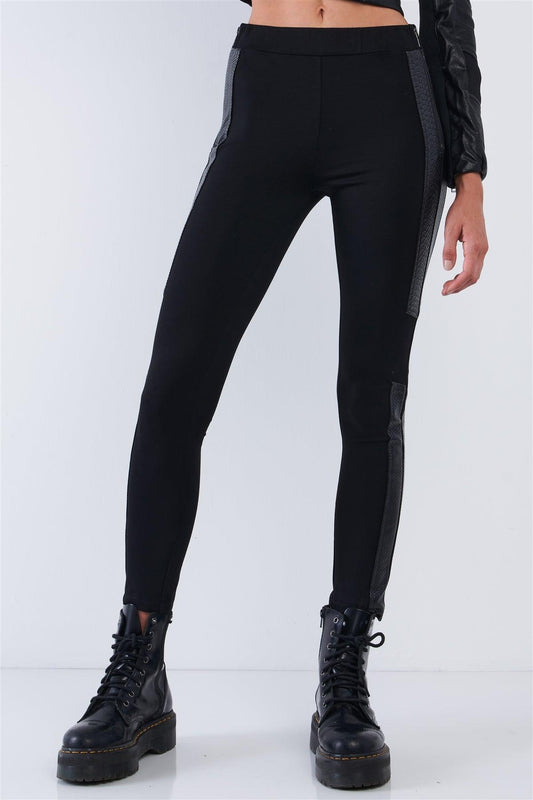 Black High Waisted Vegan Leather Python Print Trim Side Zipper Detail Tight Fit Legging Pants /2-2-2