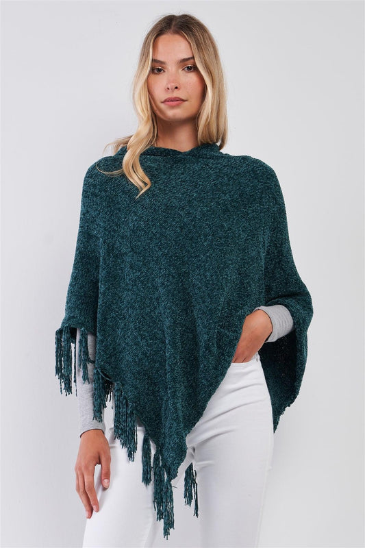 Green Chenille Knit Tassel Fringe Side Trim Hooded Poncho /ONE SIZE