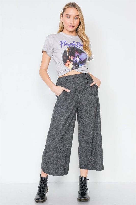 Black Knit Side Button Wide Leg Ankle Pants /1-2-2