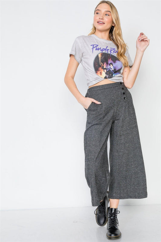 Black Knit Side Button Wide Leg Ankle Pants /2-2-2