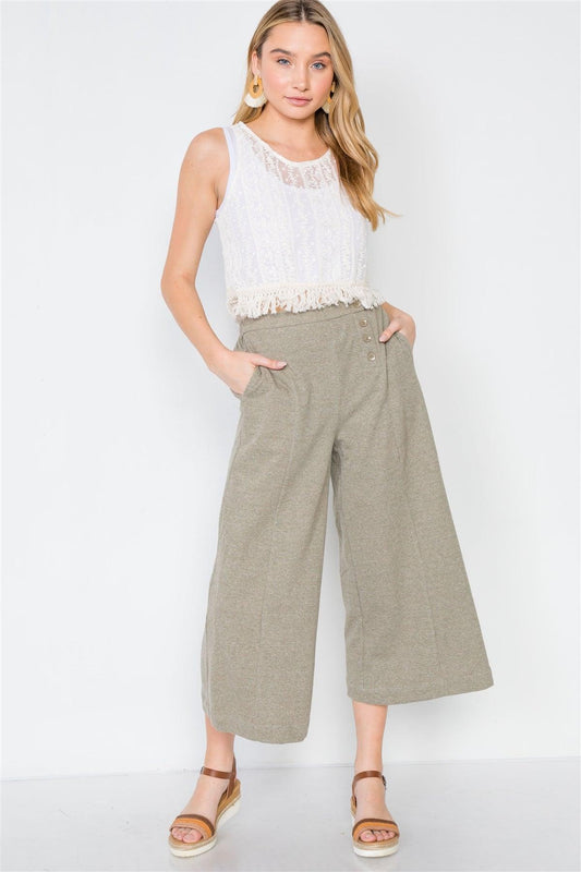 Olive Knit Side Button Wide Leg Ankle Pants /2-2-2