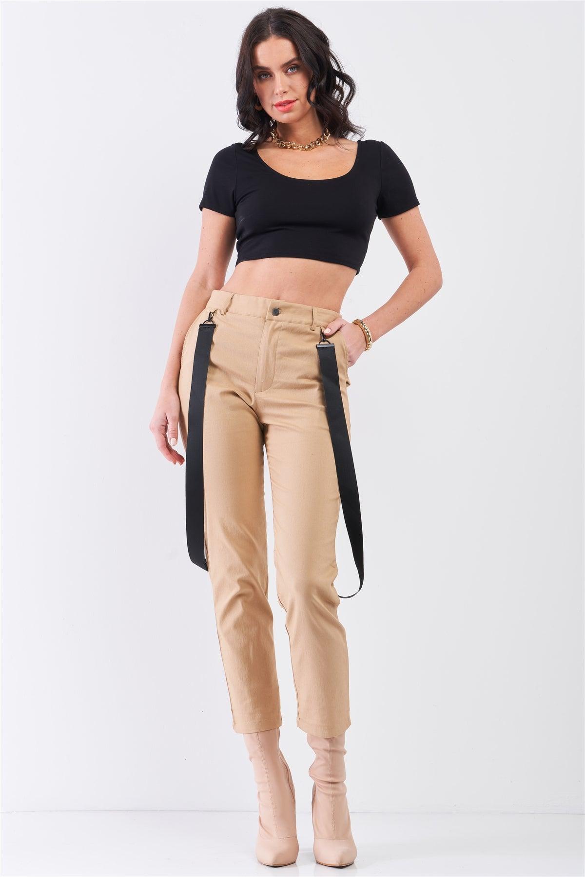 Khaki Mid-Rise Detachable Utility Straps Detail Straight Cut Pants / 1-2-1