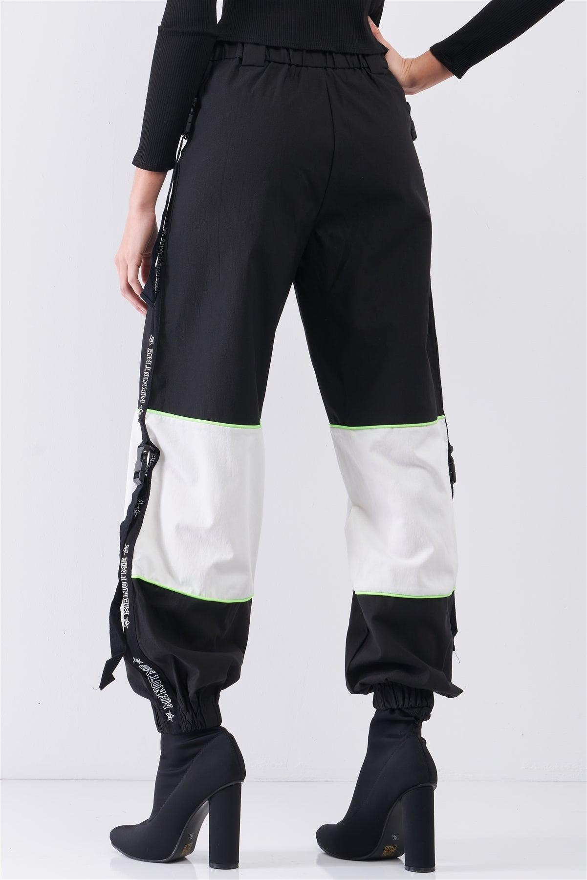 Black High Waist Print Side Trim Utility Buckle Detail Parachute Racetrack Cargo Pants /1-2-2