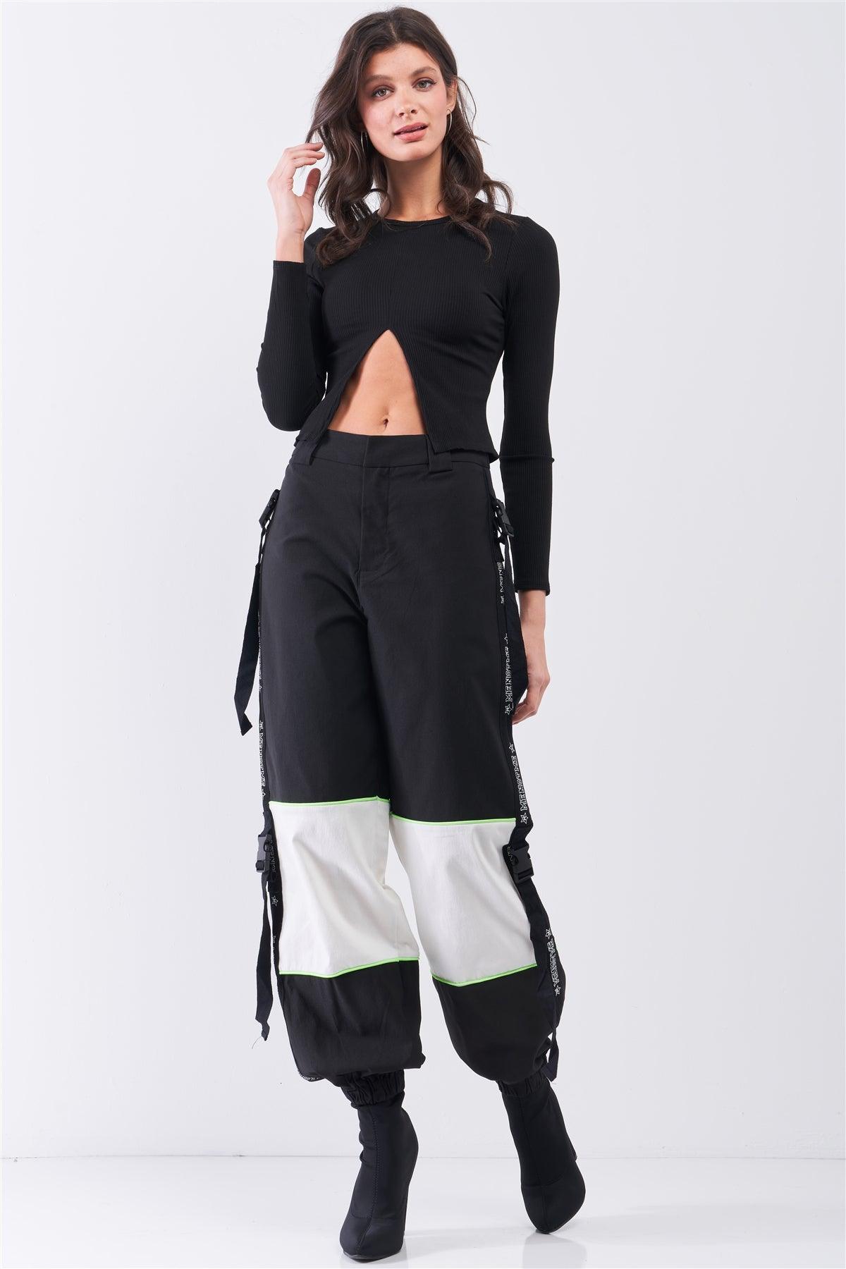 Black High Waist Print Side Trim Utility Buckle Detail Parachute Racetrack Cargo Pants /1-2-2