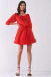 Flame Red Boat Neck Ruffle Collar Midi Sleeve Self-Tie Waist Front Button Down Mini Dress /1-2-2-1