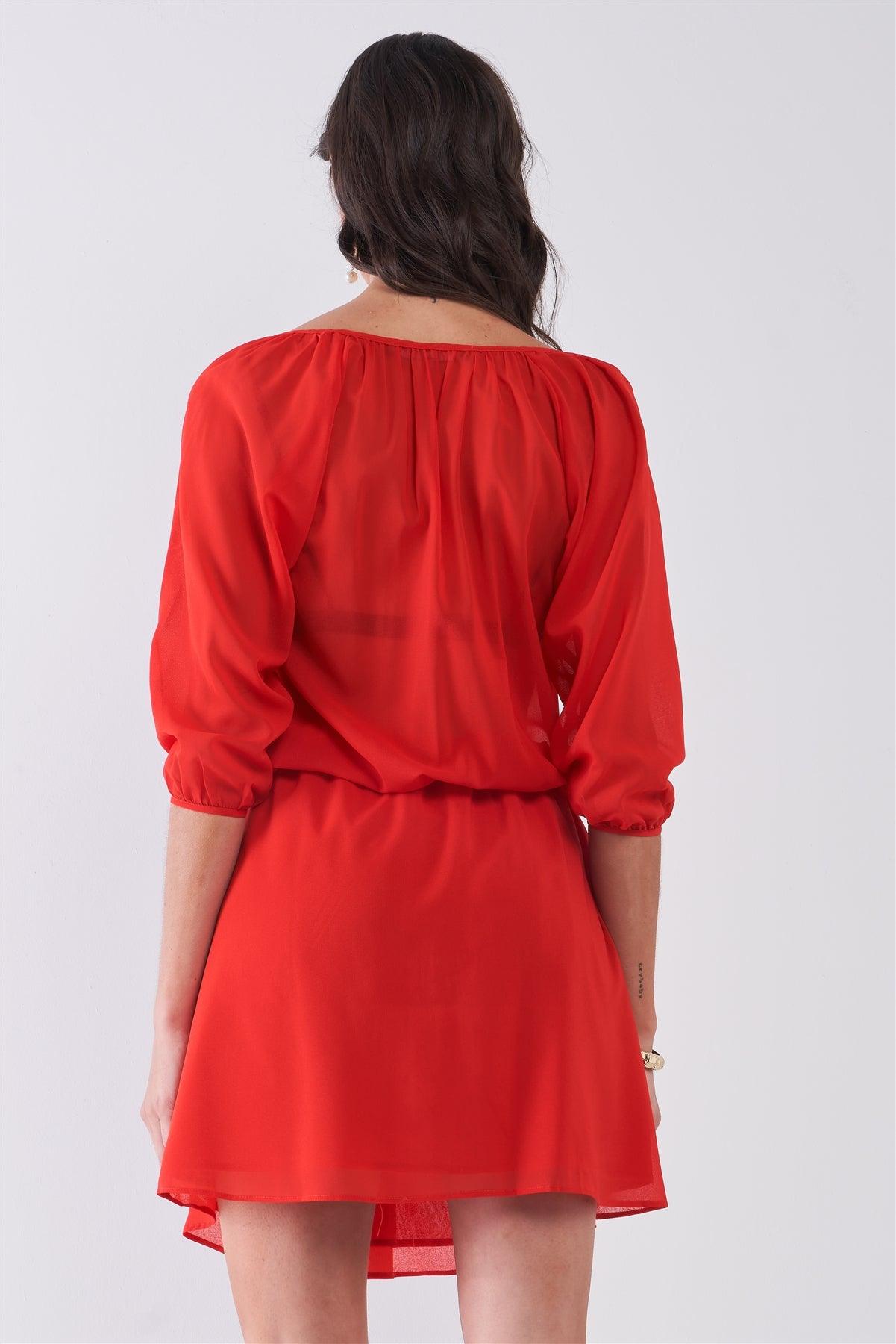 Flame Red Boat Neck Ruffle Collar Midi Sleeve Self-Tie Waist Front Button Down Mini Dress /1-2-2-1