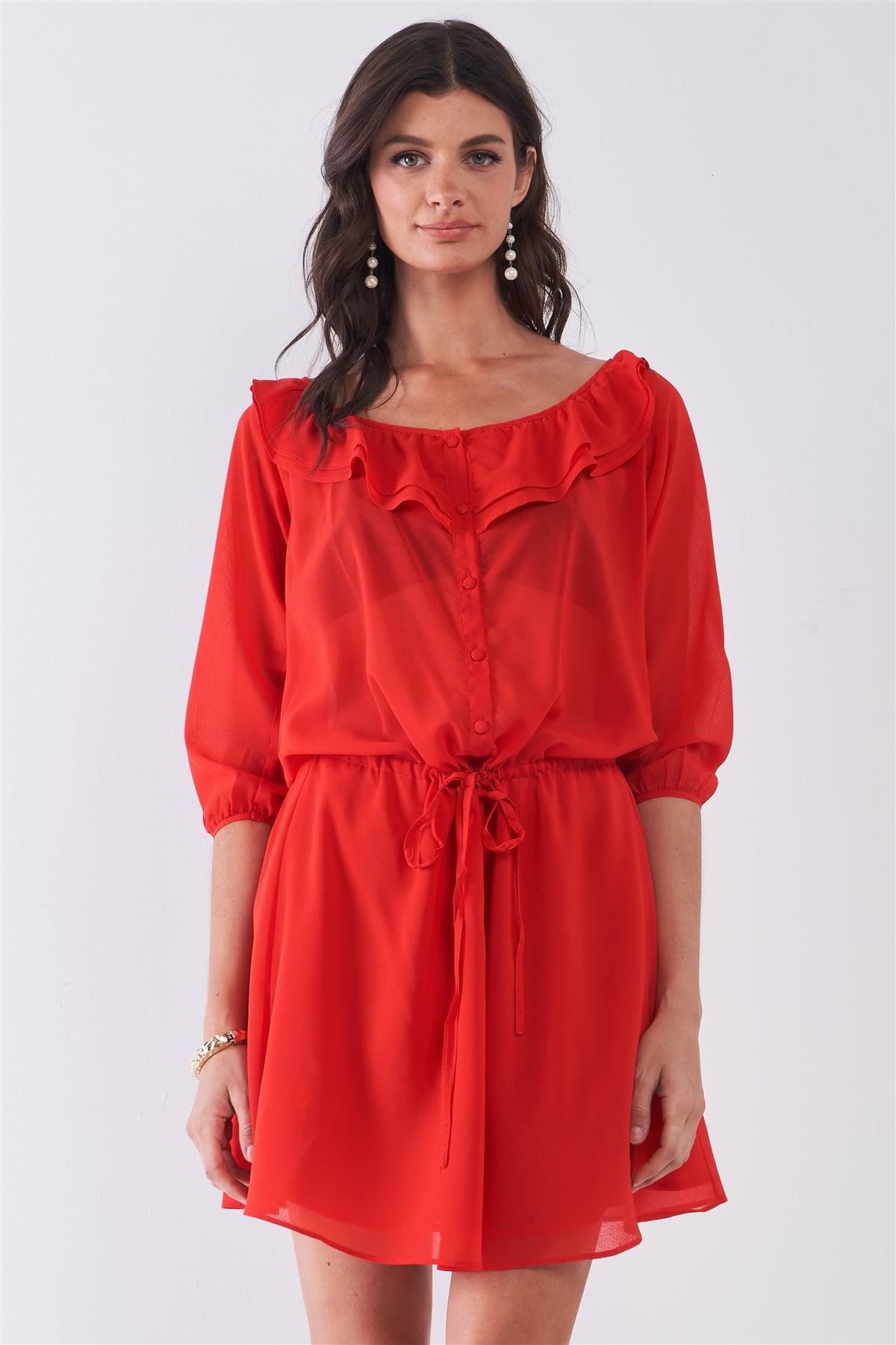 Flame Red Boat Neck Ruffle Collar Midi Sleeve Self-Tie Waist Front Button Down Mini Dress /1-2-2-1