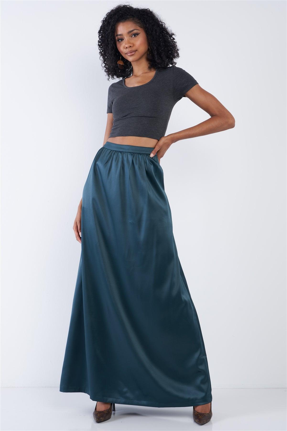 Emerald Green Satin High Waist Flowing Maxi Skirt /1-2-2-1