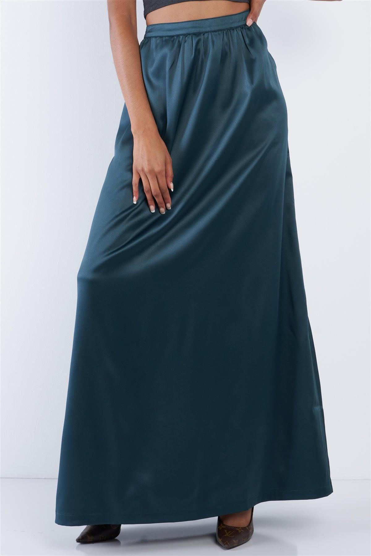 Emerald Green Satin High Waist Flowing Maxi Skirt /1-2-2-1