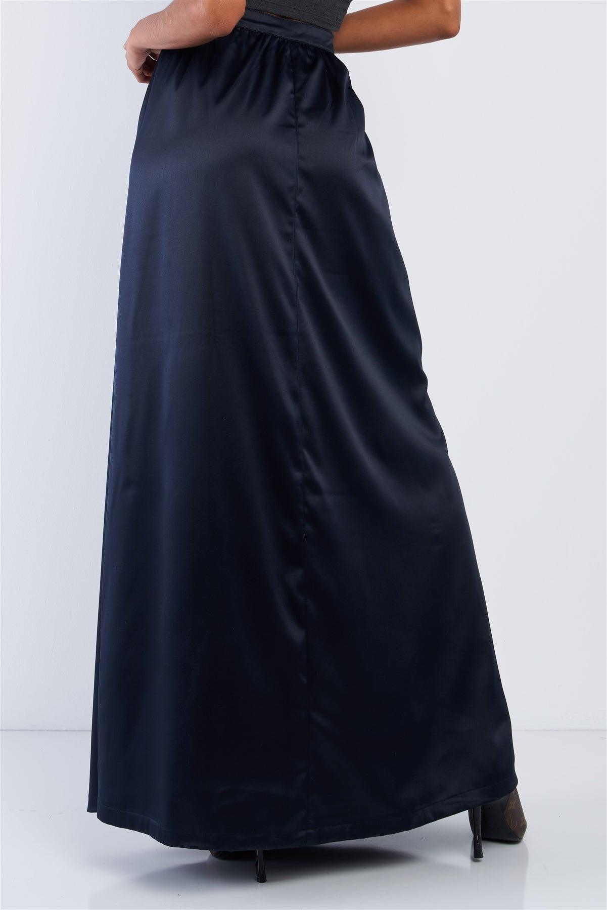 Solid Navy Blue Satin High Waist Flowing Maxi Skirt /1-2-2