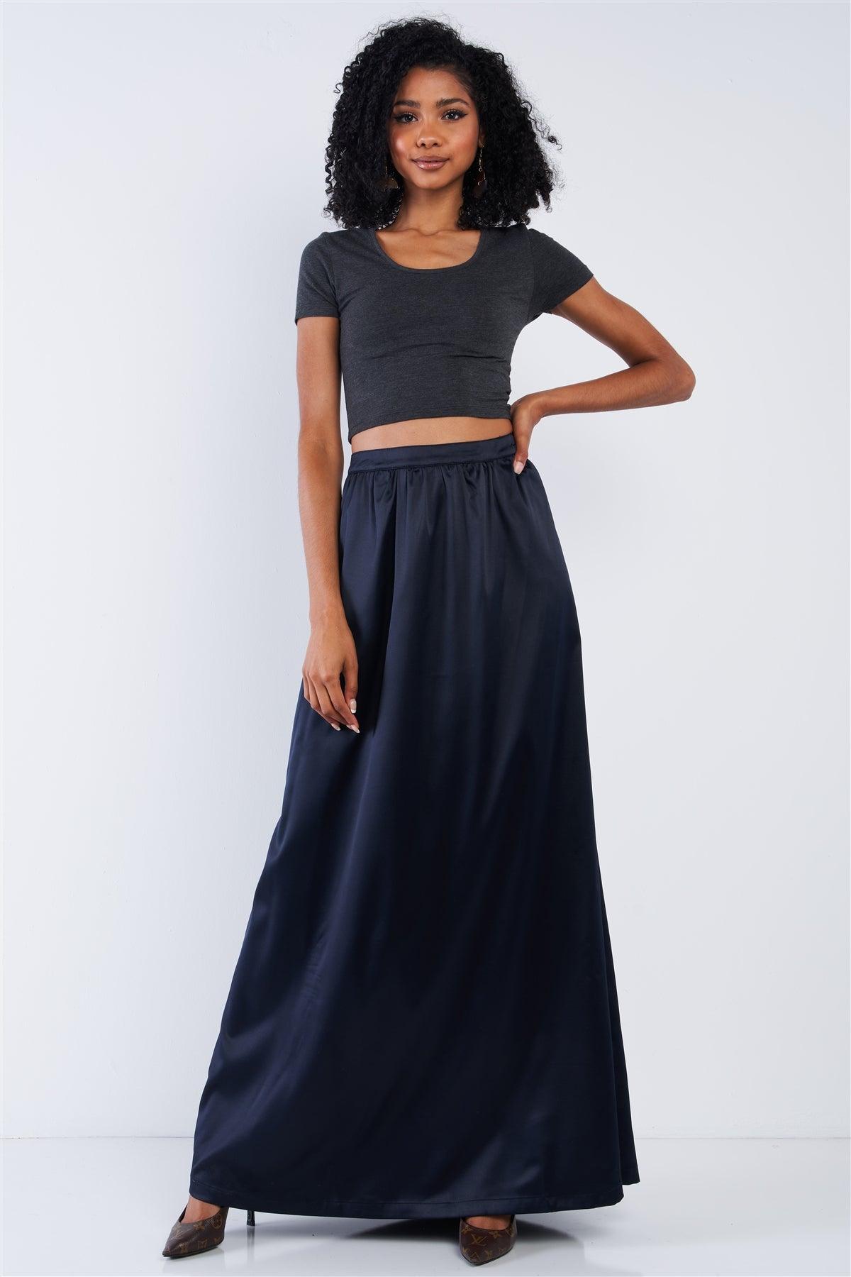 Solid Navy Blue Satin High Waist Flowing Maxi Skirt /1-2-2