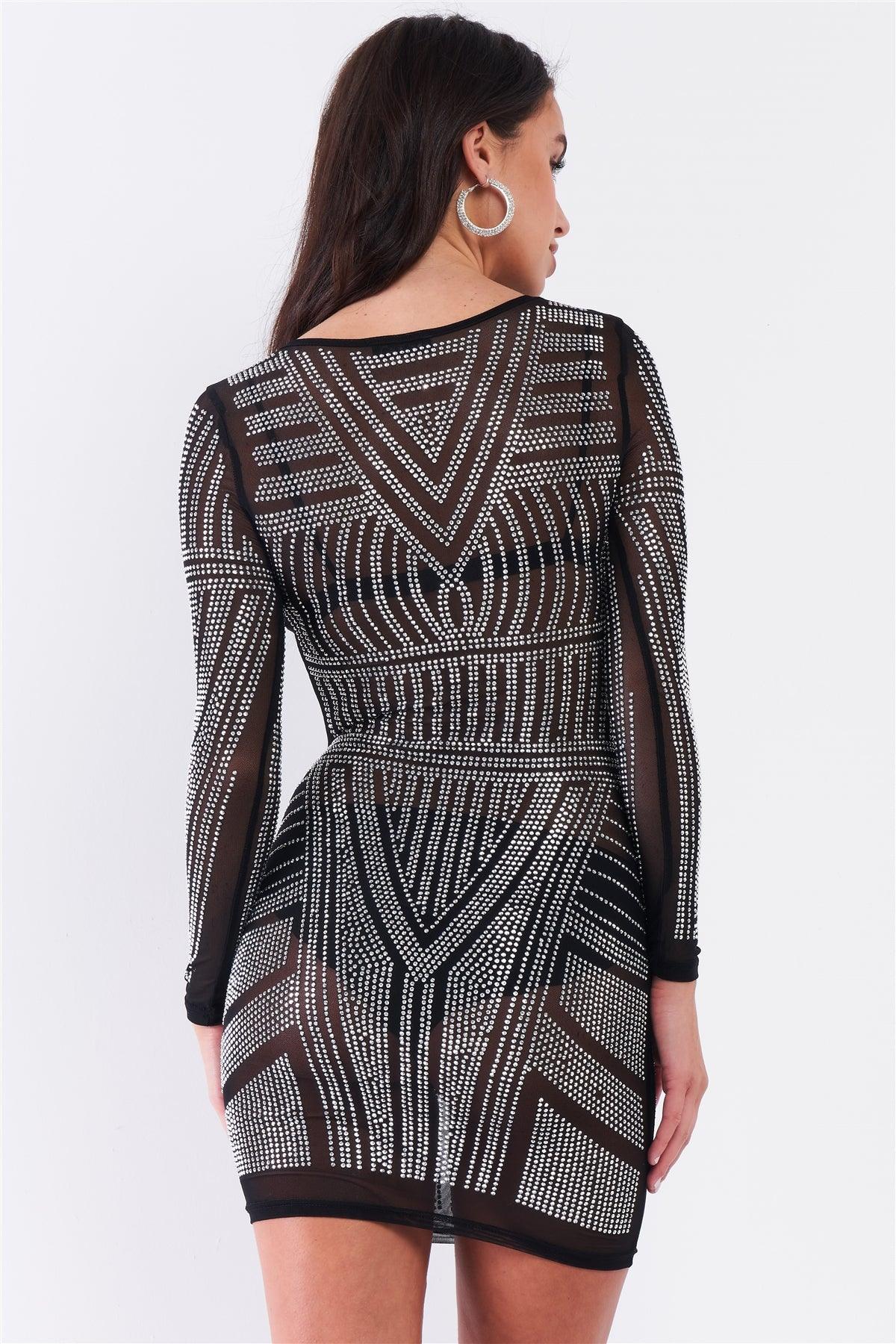 Black Rhinestone Studded Sheer Mesh Long Sleeve Bodycon Dress /1-1-1-1