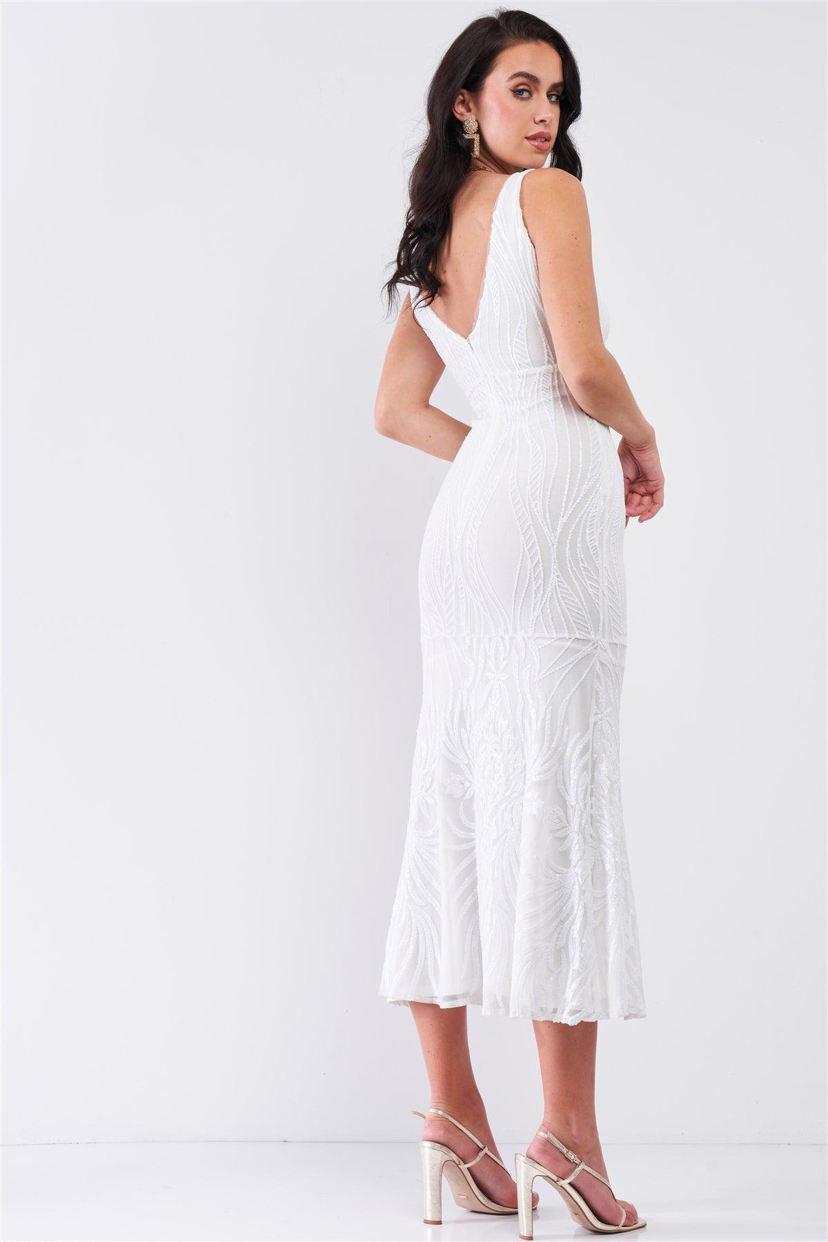 Snow Queen White Sequin Sleeveless V-Neck Fitted Flare Midi Dress /4-2