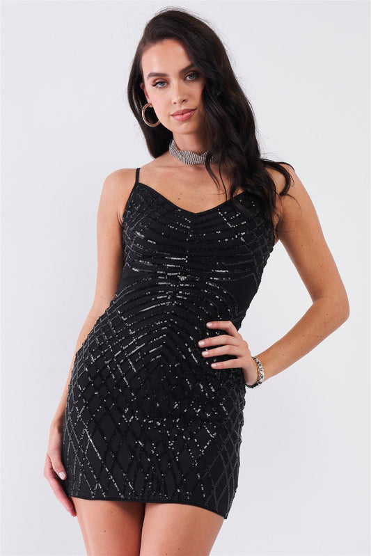 Black Sequin Embellished Mesh Sleeveless V-Neck Fitted Mini Dress /2-2-2