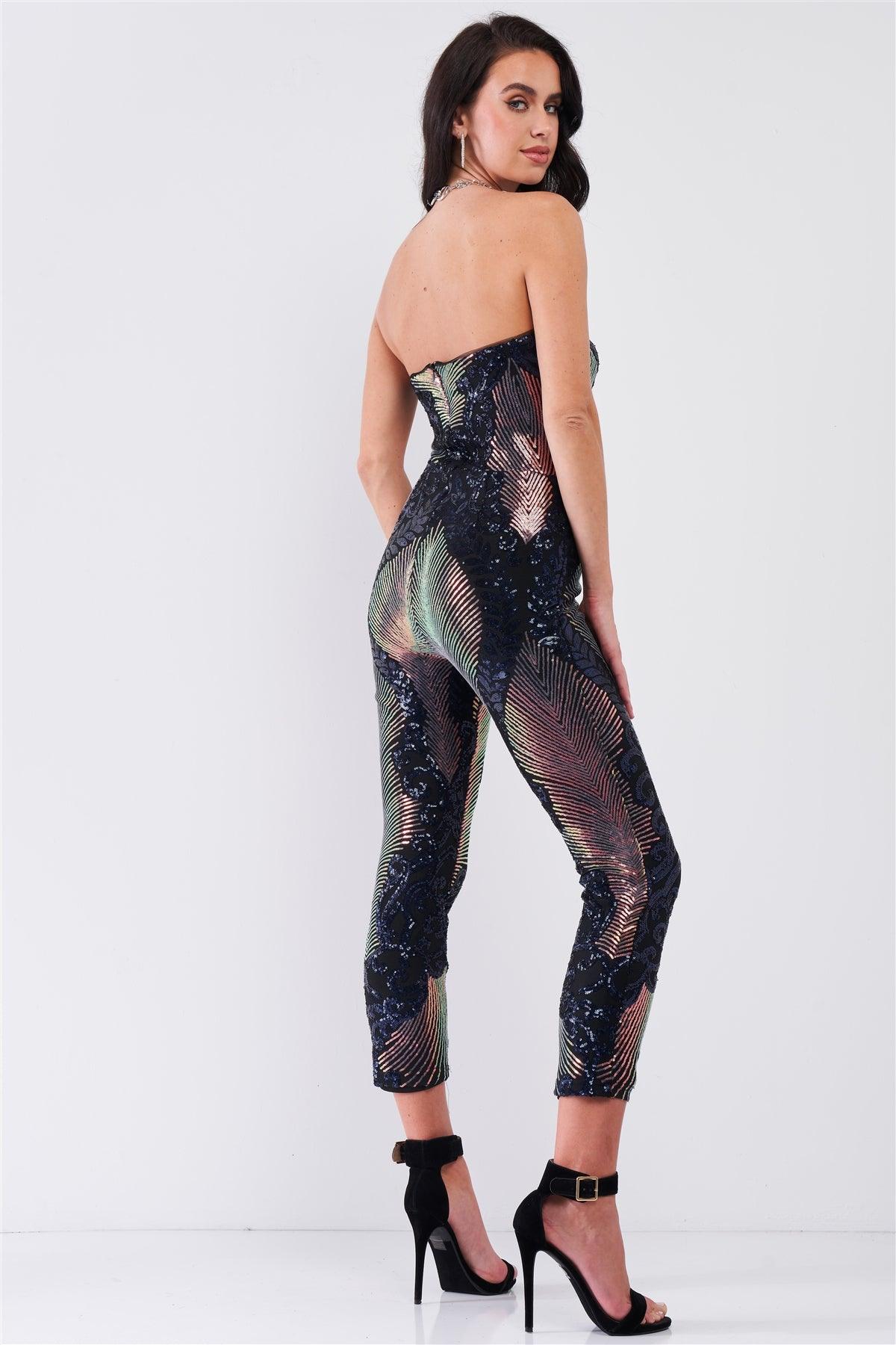 Party In Eden Navy & Pink Chameleon Sequin Palm Leave Pattern Sleeveless Tube Jumpsuit /2-1-1