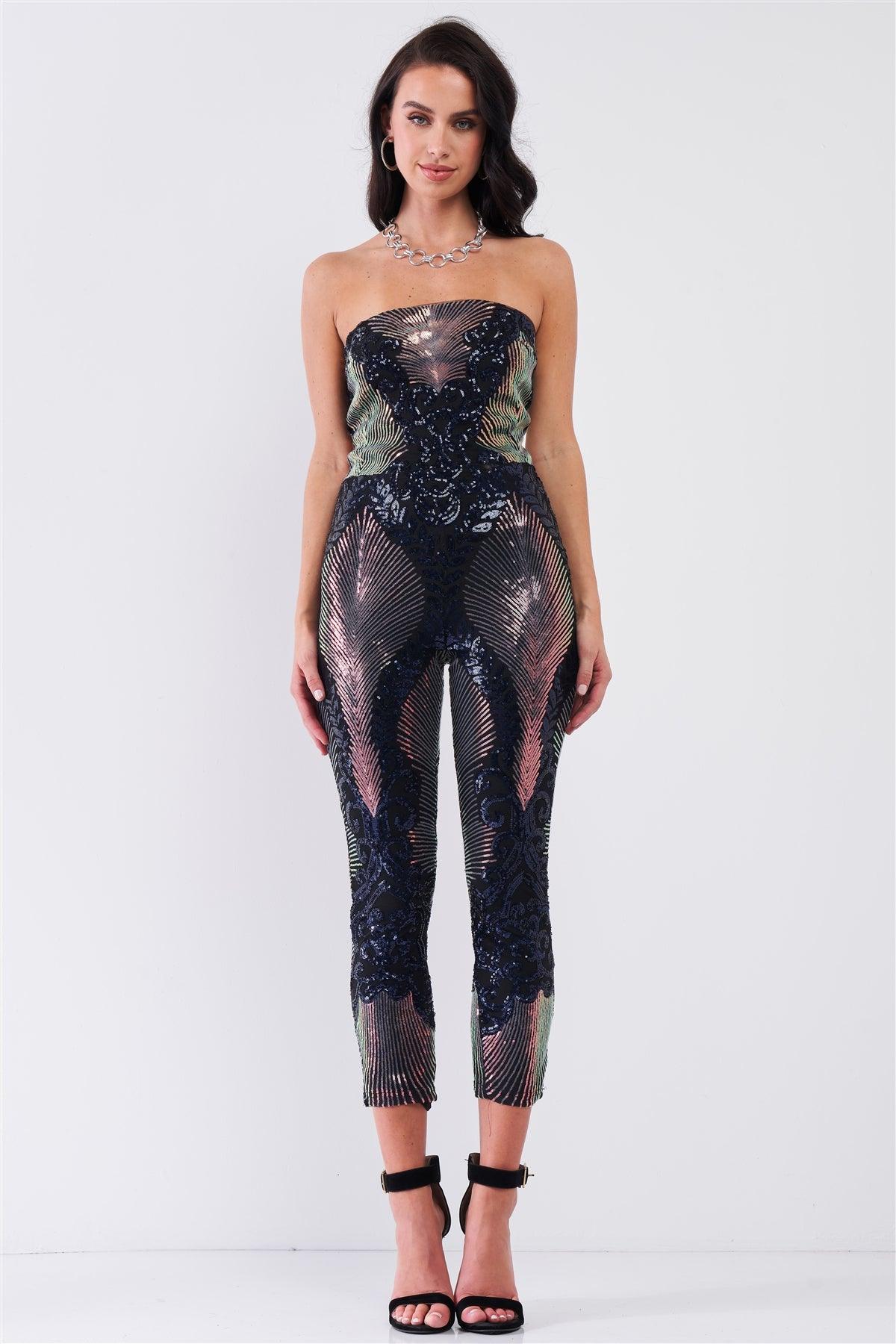 Party In Eden Navy & Pink Chameleon Sequin Palm Leave Pattern Sleeveless Tube Jumpsuit /2-1-1