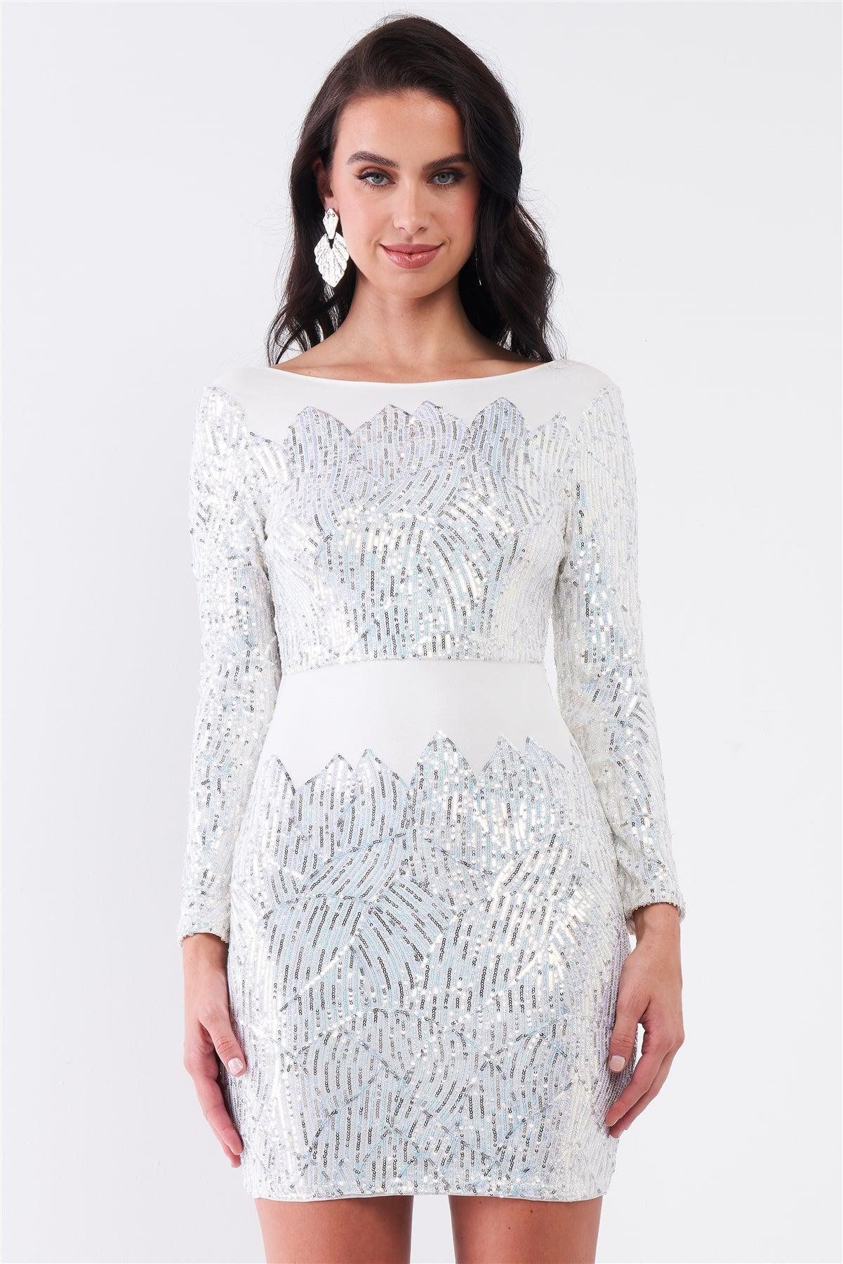 White Iridescent Sequin Bateau Front V-Back Flaming Pattern Mini Dress /2-2-2