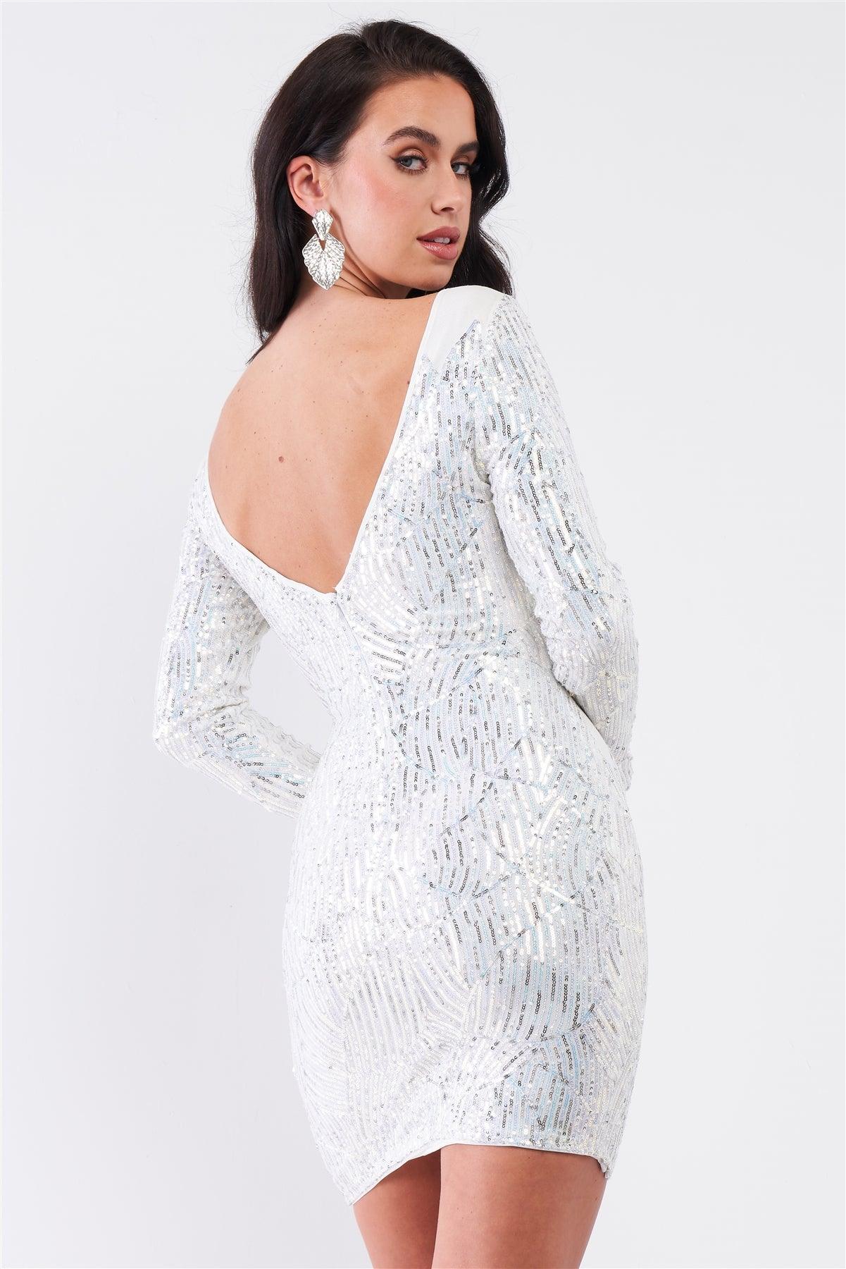 White Iridescent Sequin Bateau Front V-Back Flaming Pattern Mini Dress /2-2-2