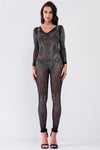 Black Rhinestone Embroidery V-Neck Sheer Mesh Long Sleeve Bodycon Jumpsuit /1-1-1-1