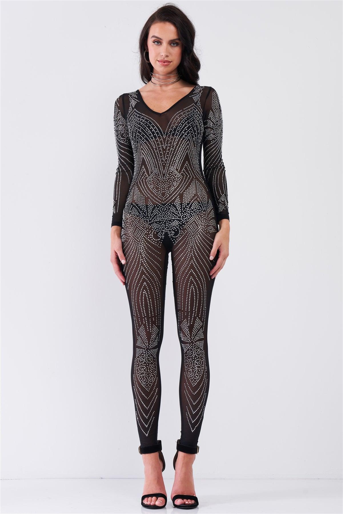 Black Rhinestone Embroidery V-Neck Sheer Mesh Long Sleeve Bodycon Jumpsuit /1-1-1-1