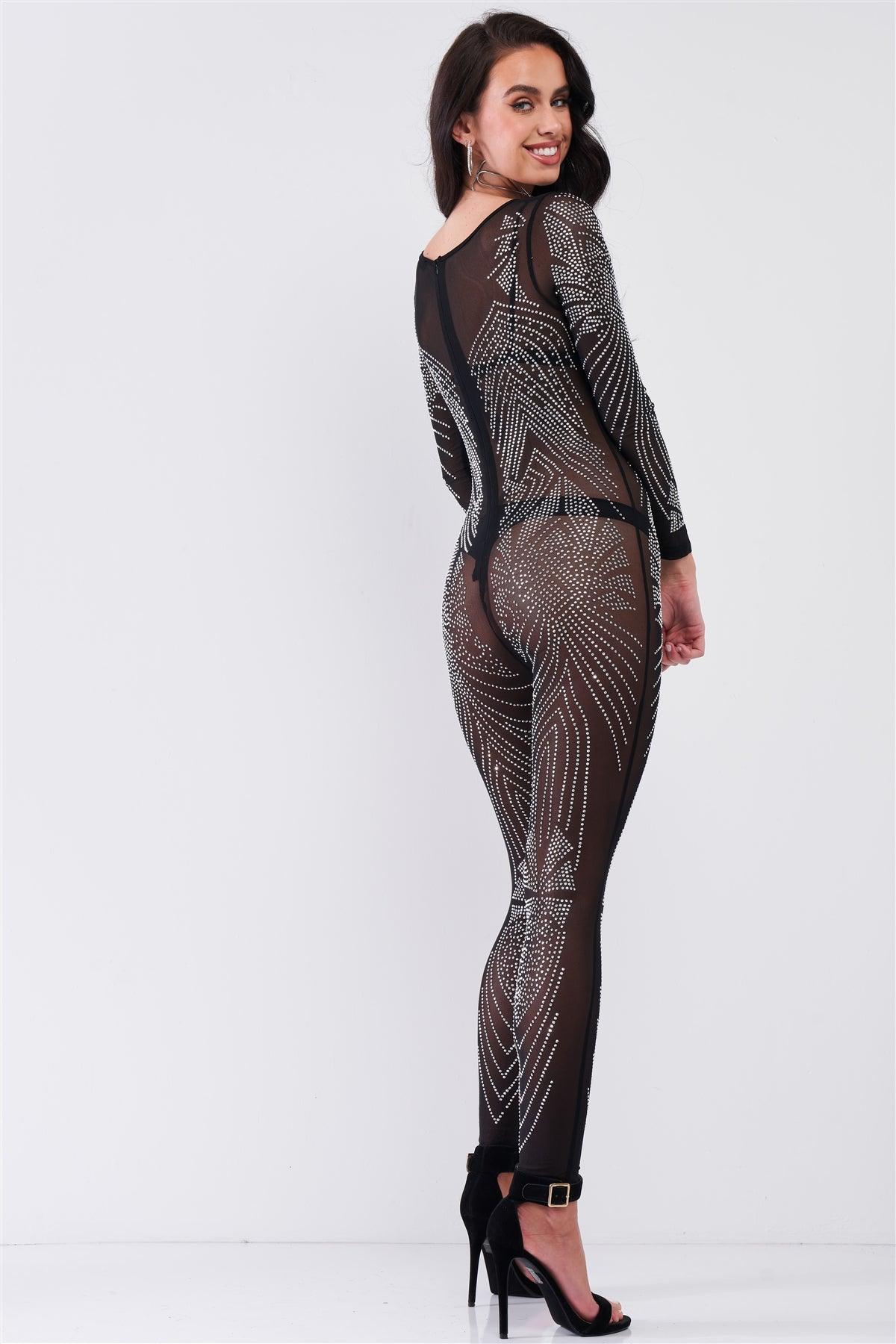 Black Rhinestone Embroidery V-Neck Sheer Mesh Long Sleeve Bodycon Jumpsuit /1-1-1-1