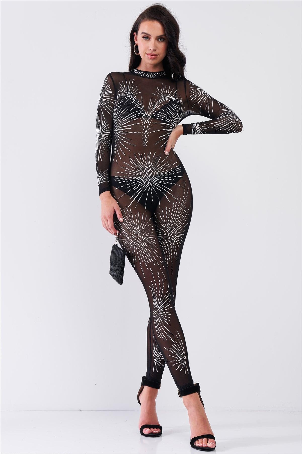 Black Rhinestone Mock Neck Embroidery Sheer Mesh Long Sleeve Bodycon Jumpsuit /1-1-1-1