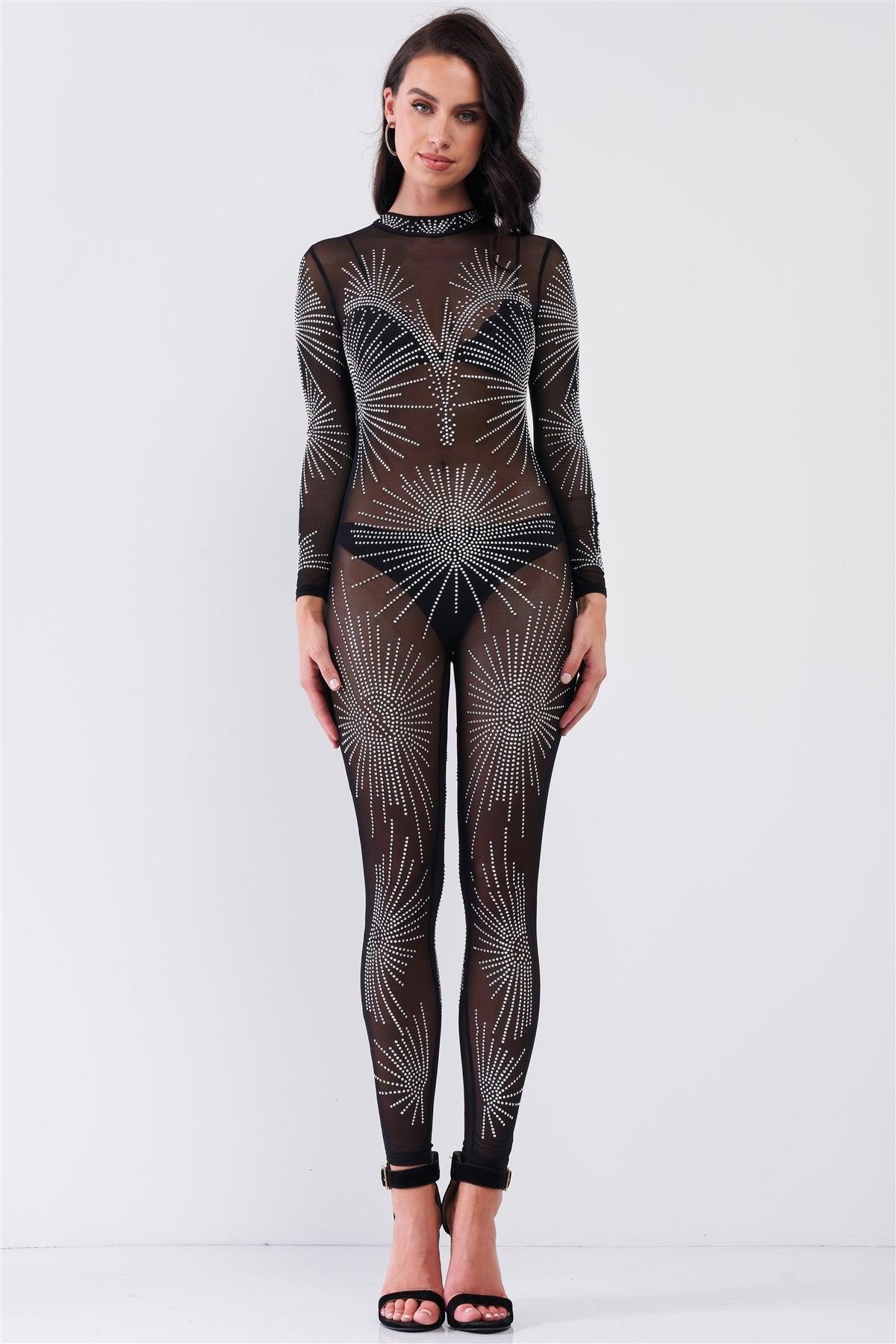 Black Rhinestone Mock Neck Embroidery Sheer Mesh Long Sleeve Bodycon Jumpsuit /1-1-1-1