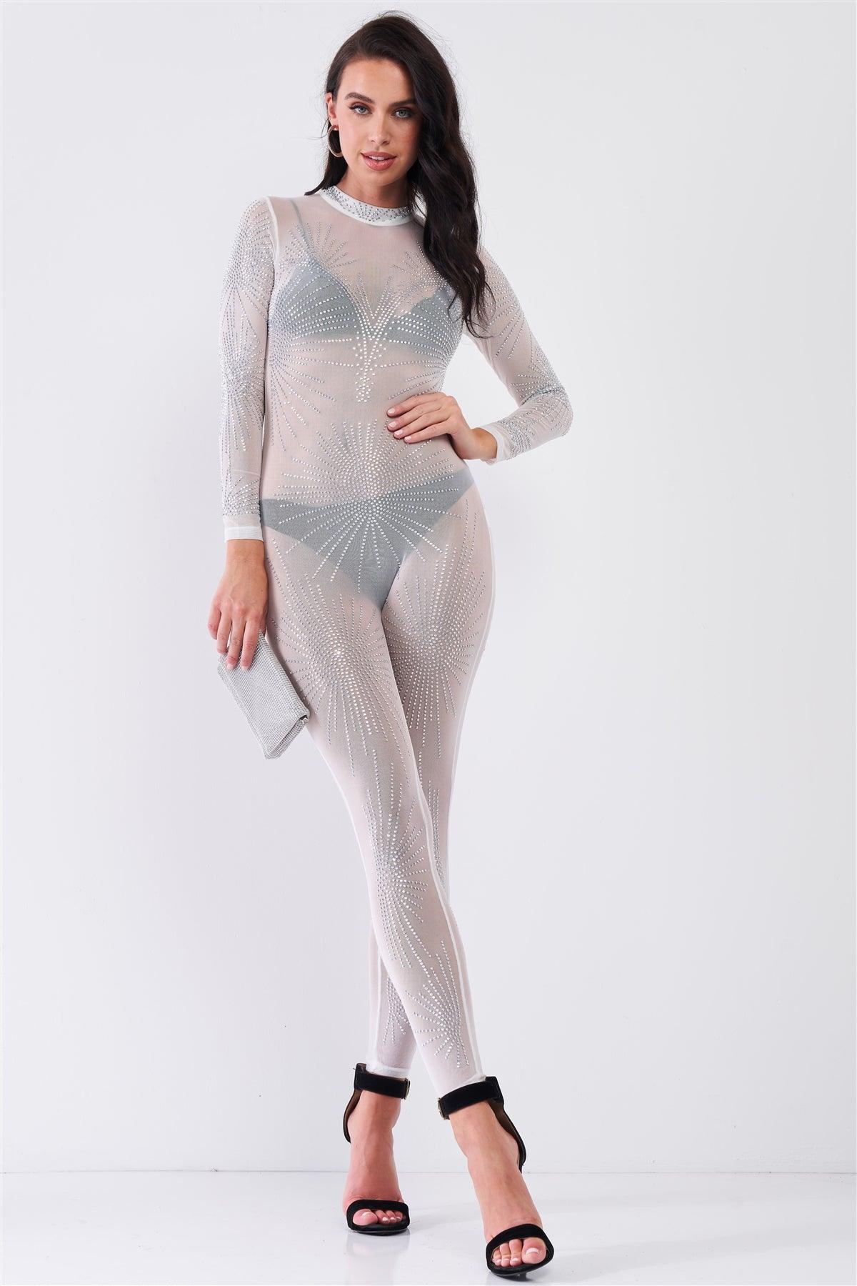 White Rhinestone Mock Neck Embroidery Sheer Mesh Long Sleeve Bodycon Jumpsuit /1-1-1