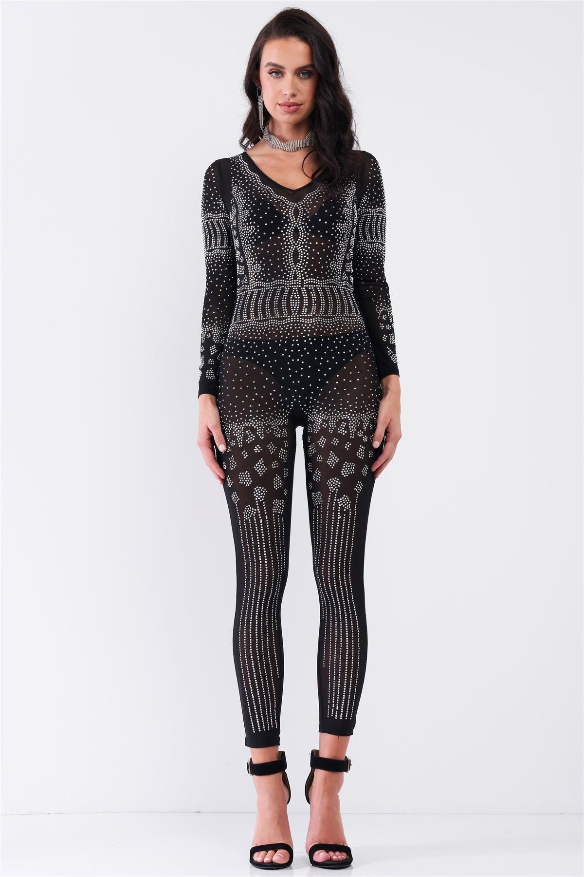 Black Rhinestone V-Neck Embroidery Sheer Mesh Long Sleeve Bodycon Jumpsuit /1-1-1-1