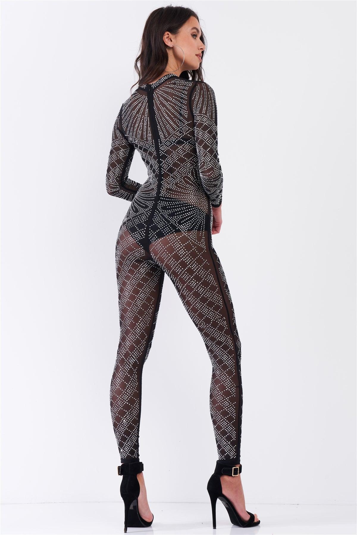 Black Sexy Rhinestone Mesh Long Sleeve Mock Neck Bodycon Jumpsuit /1-1-1-1