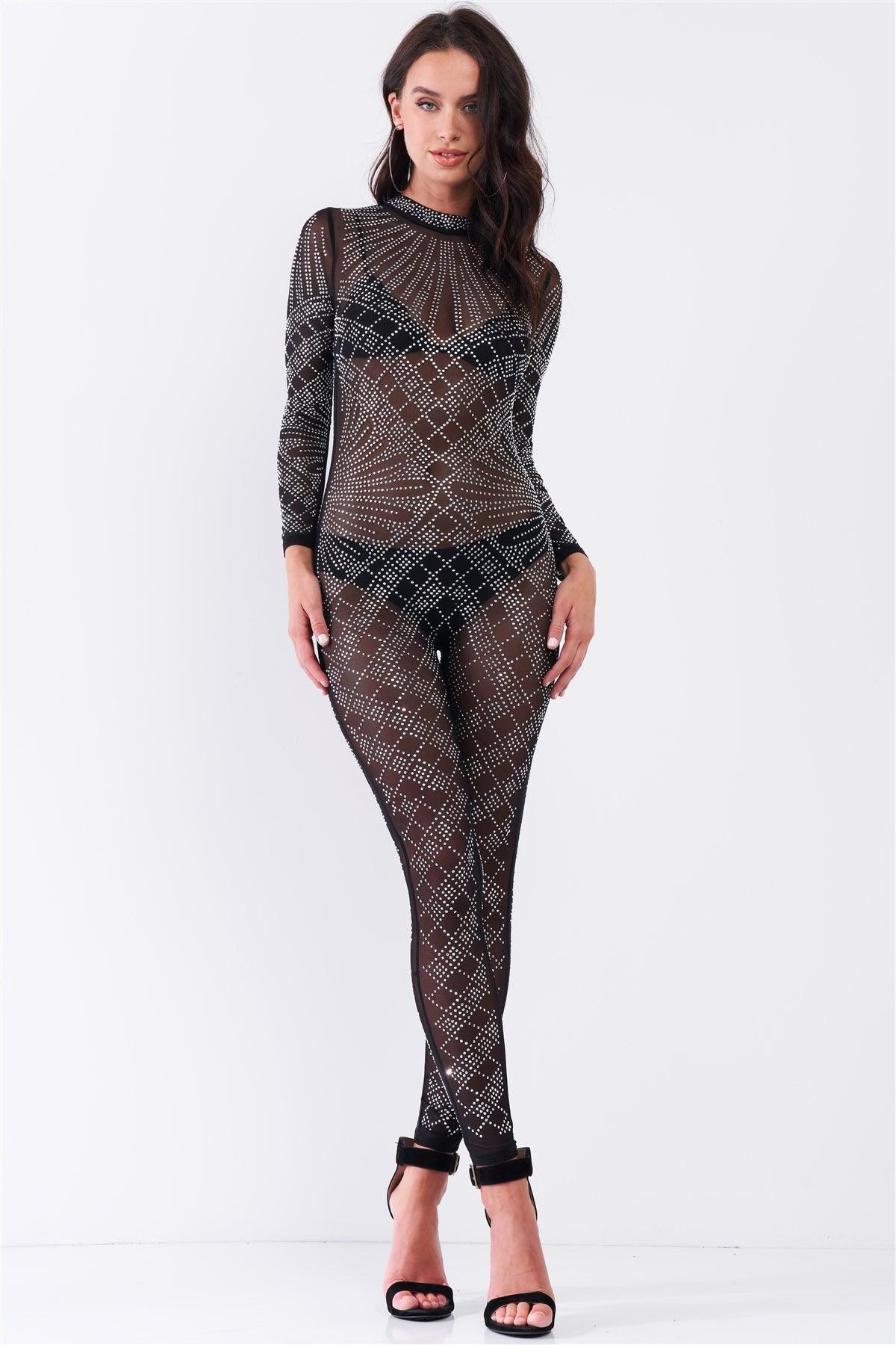 Black Sexy Rhinestone Mesh Long Sleeve Mock Neck Bodycon Jumpsuit /1-1-1-1