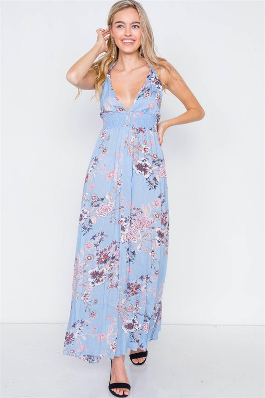 Blue Ruched Waist Backless Side Slit Maxi Dress /2-2-2