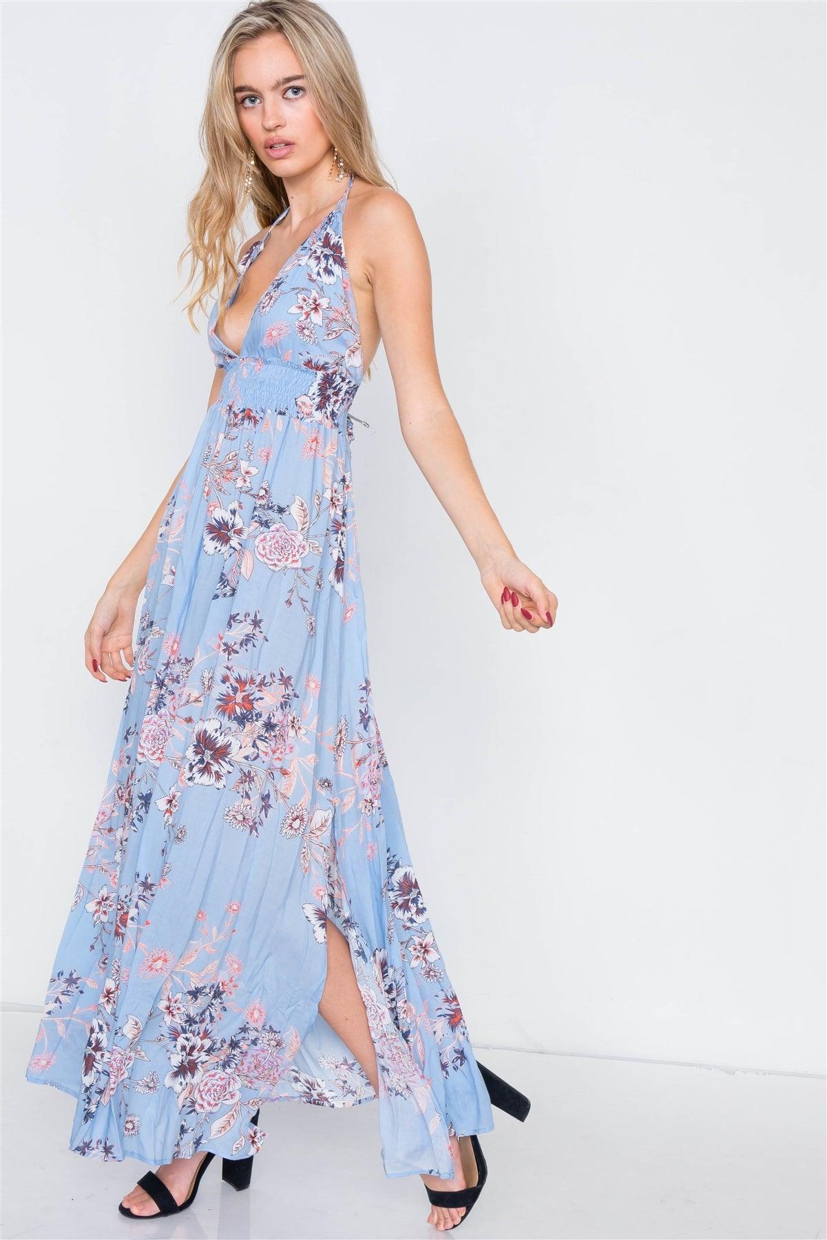 Blue Ruched Waist Backless Side Slit Maxi Dress /2-2-2