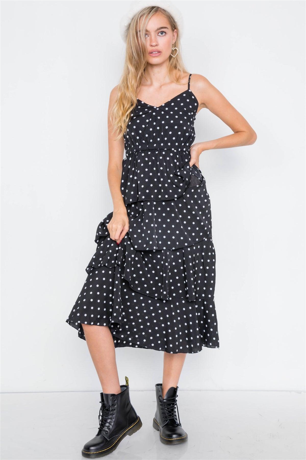 Black Tiered Ruffle Polkadot Midi Dress /2-2-2