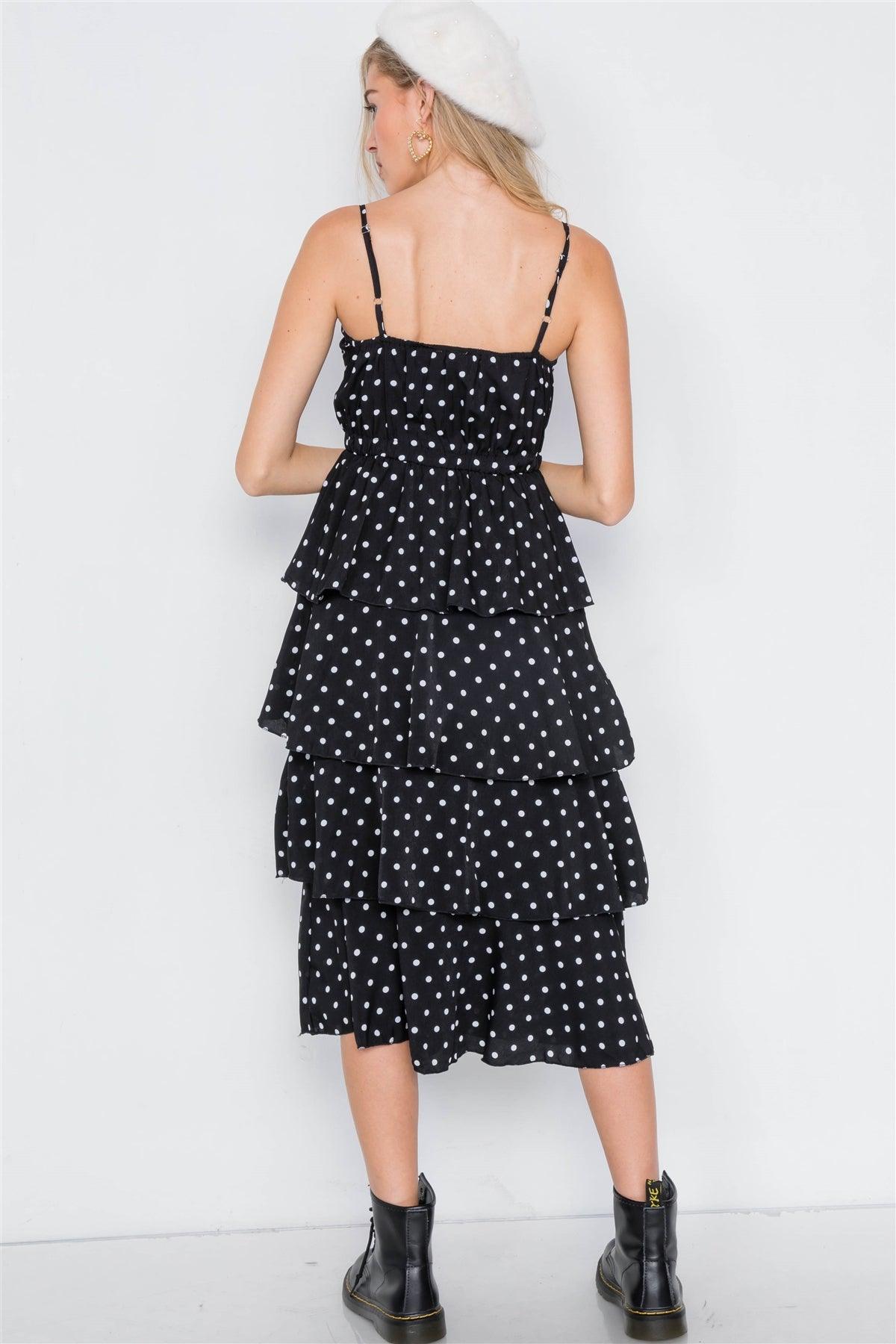 Black Tiered Ruffle Polkadot Midi Dress /2-2-2