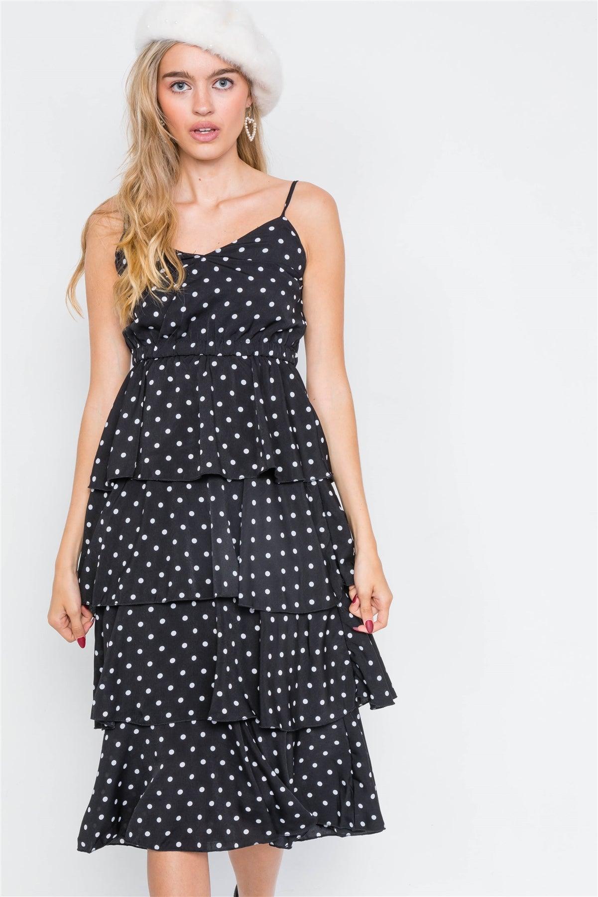 Black Tiered Ruffle Polkadot Midi Dress /2-2-2