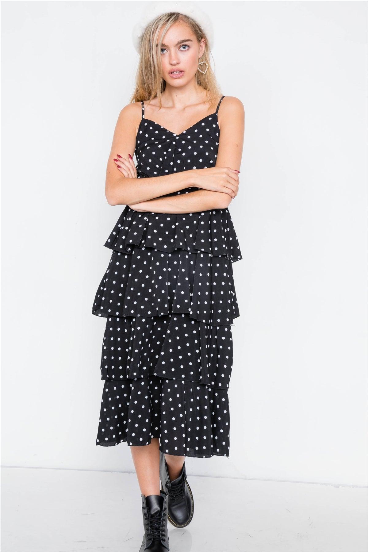 Black Tiered Ruffle Polkadot Midi Dress /2-2-2