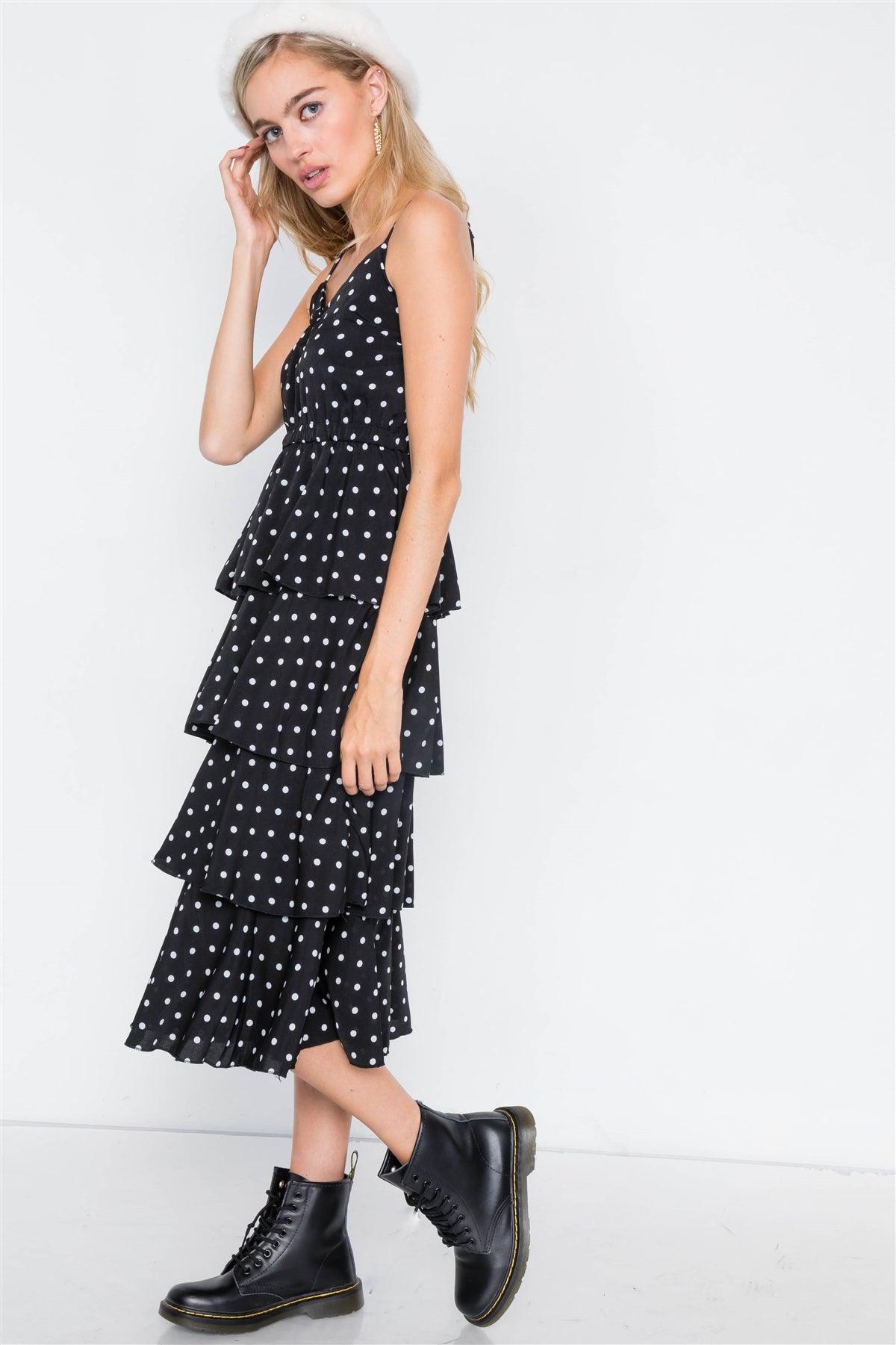 Black Tiered Ruffle Polkadot Midi Dress /2-2-2