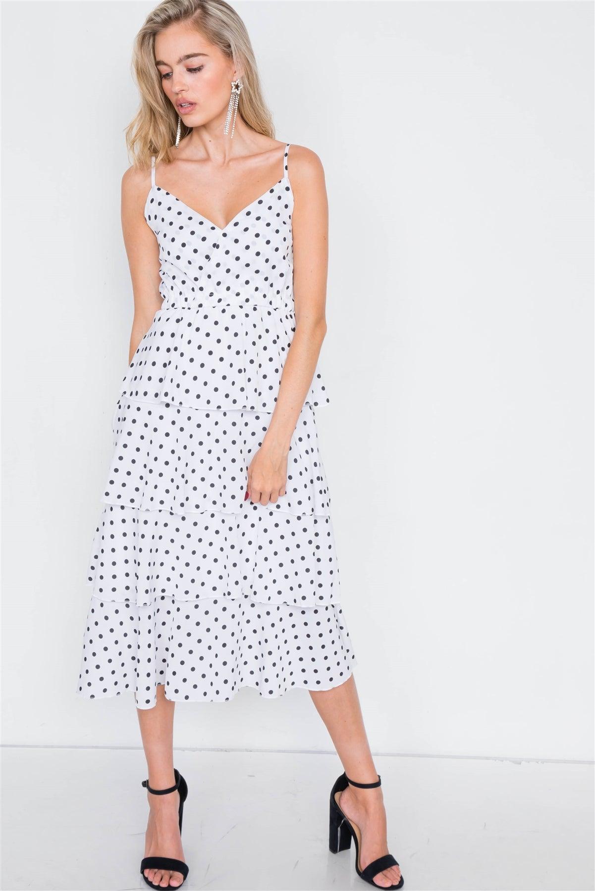 White Tiered Ruffle Polkadot Midi Dress  /2-2-2