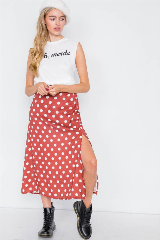 Satin Rust White Polkadot Medium Side Slit Midi Skirt /2-2-2