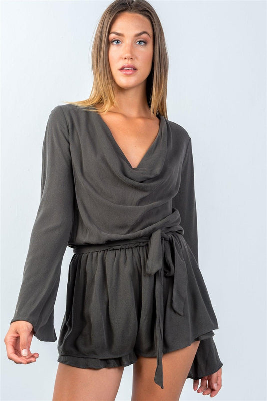 Olive Cowl-Neck Romper Bell Sleeves Romper /3-2-1