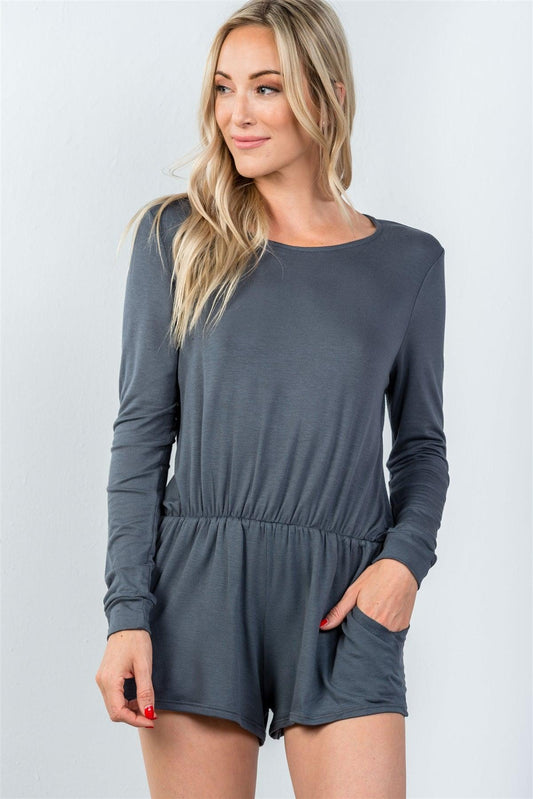 Grey Comfy Tie-Back Long Sleeve Romper / 3-2-1