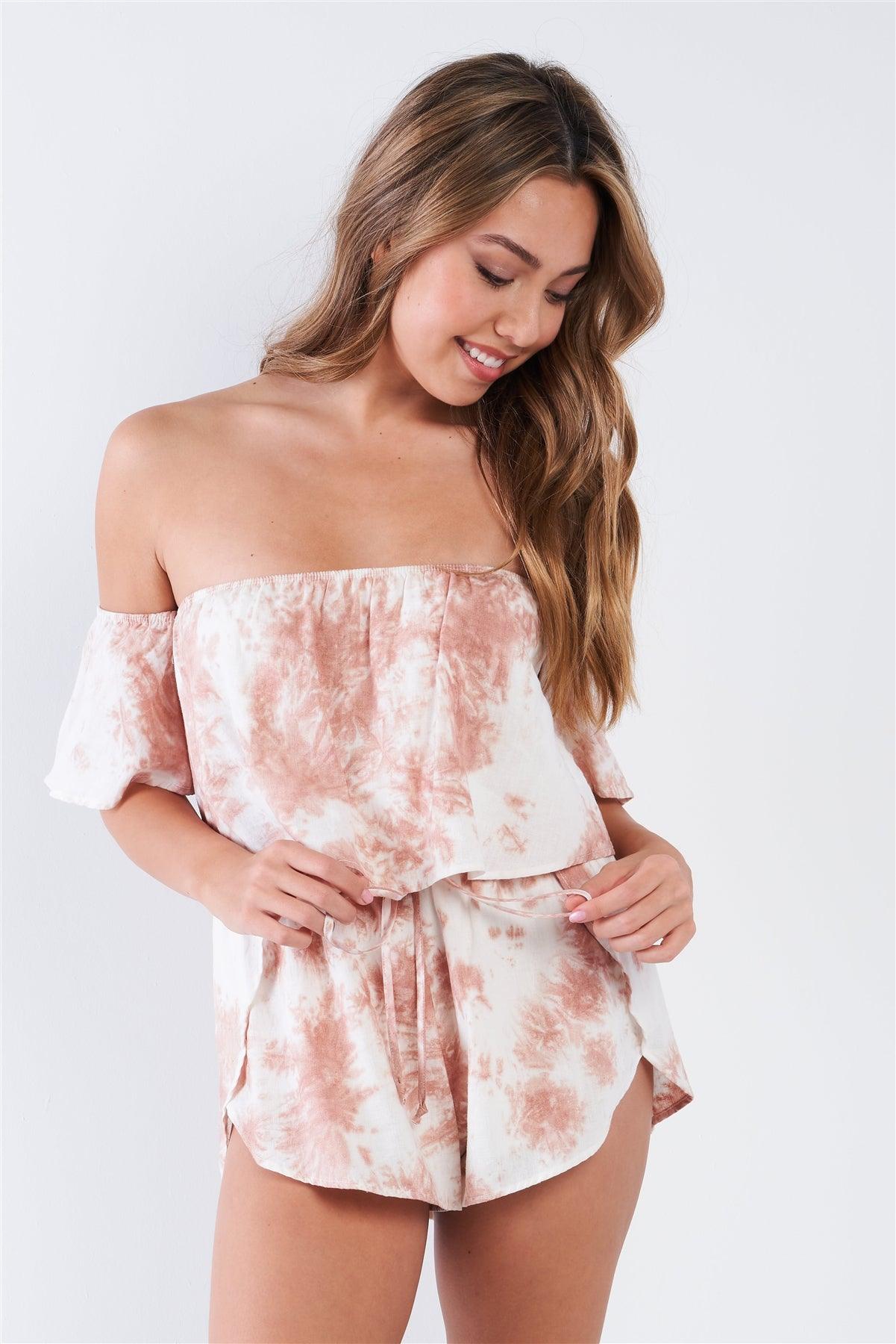 Mauve Tie-Dye Casual Off The Shoulder Elastic Waist Romper /3-2-1