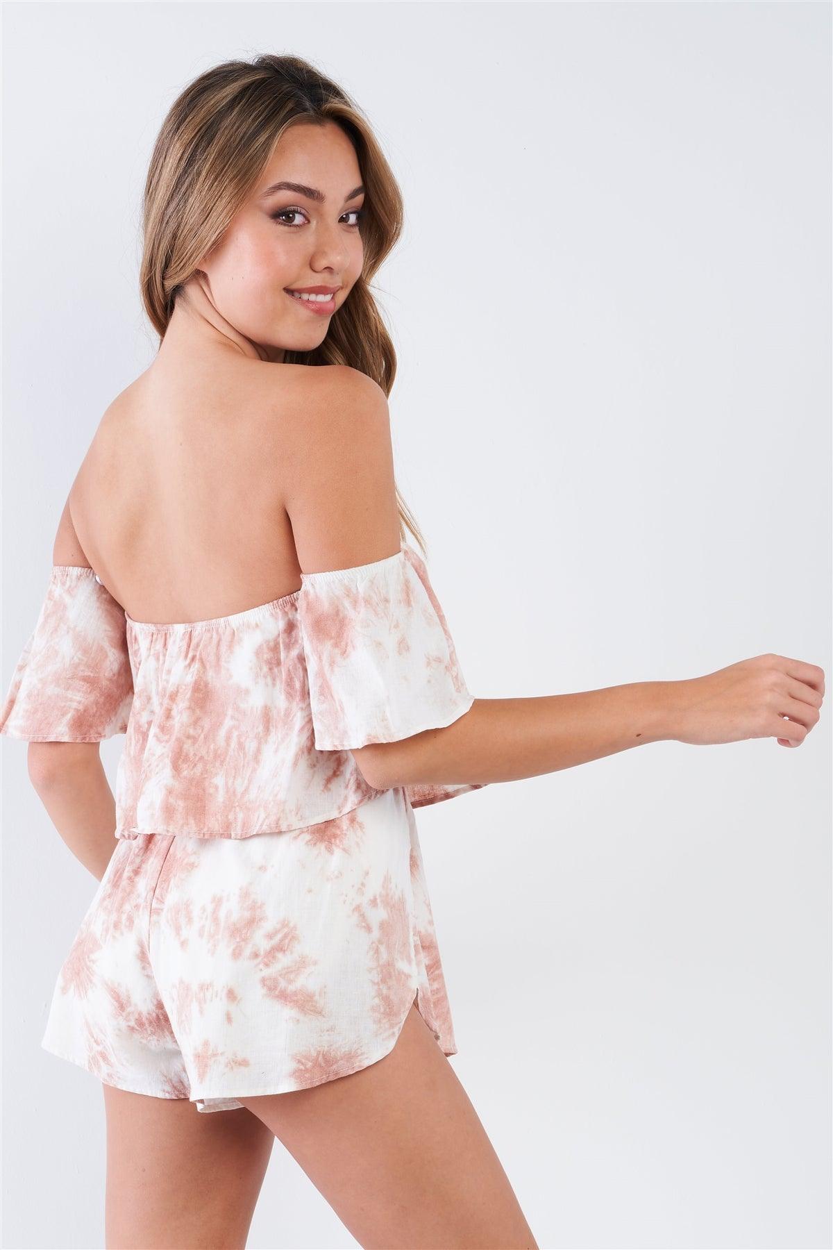 Mauve Tie-Dye Casual Off The Shoulder Elastic Waist Romper /3-2-1