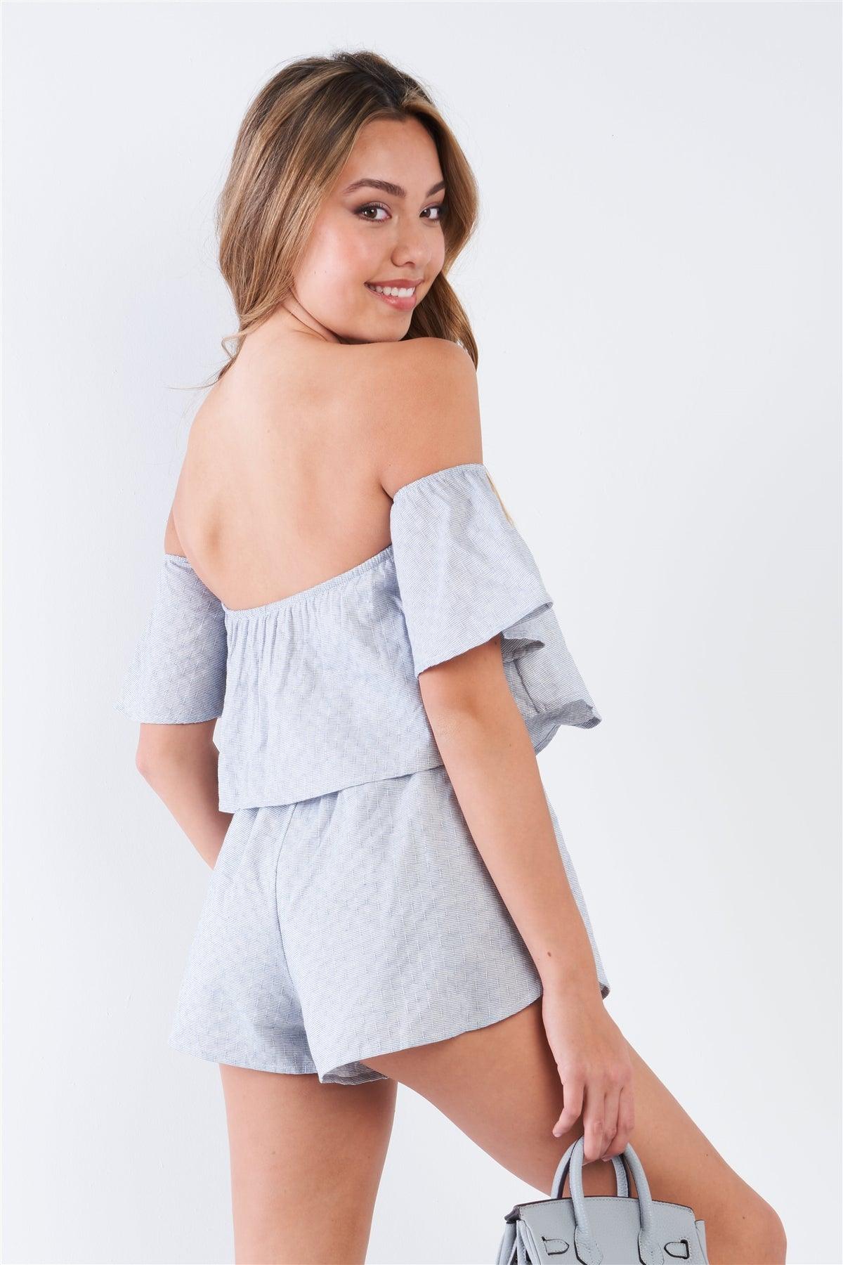 Blue Casual Off The Shoulder Elastic Waist Romper /2-2-1