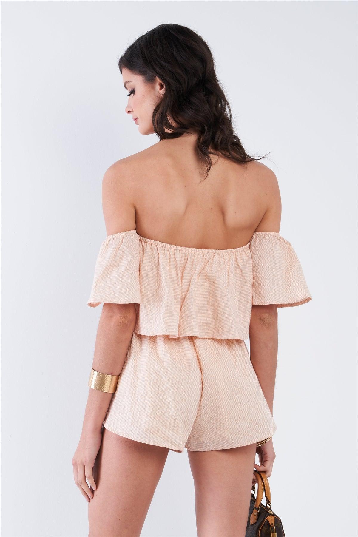 Peach Casual Off The Shoulder Elastic Waist Romper /3-2-1