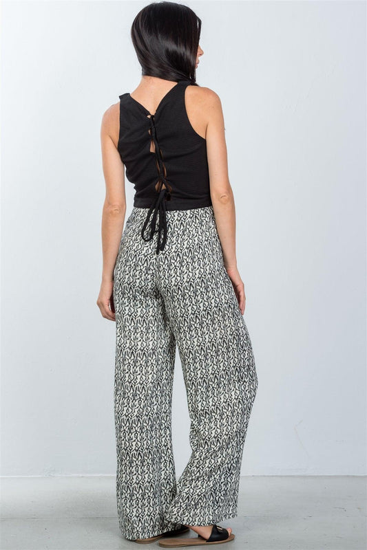 Black Printed Back Lace Up Jumpsuit / 3-2-1