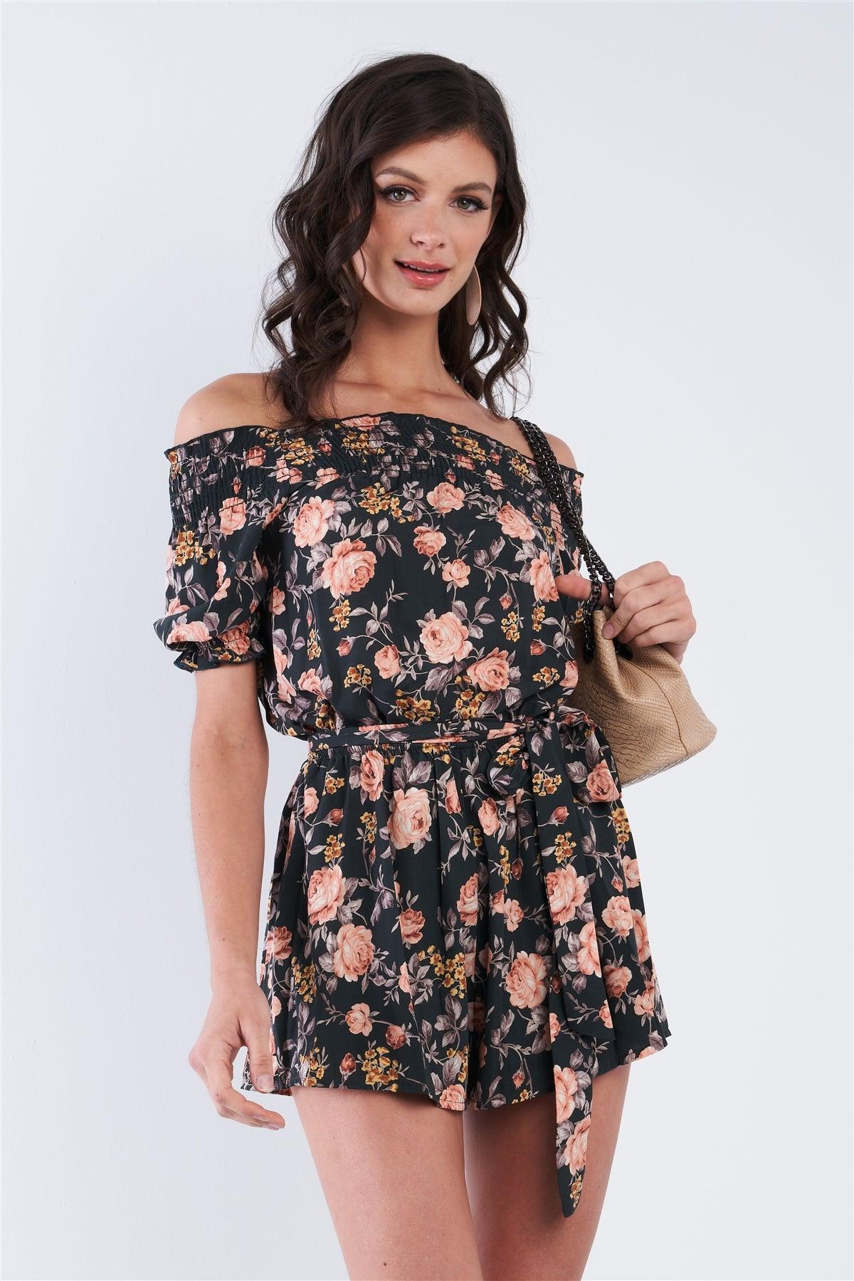 Hunter Green Off The Shoulder Puff Sleeve Rose Print Romper /3-2-1