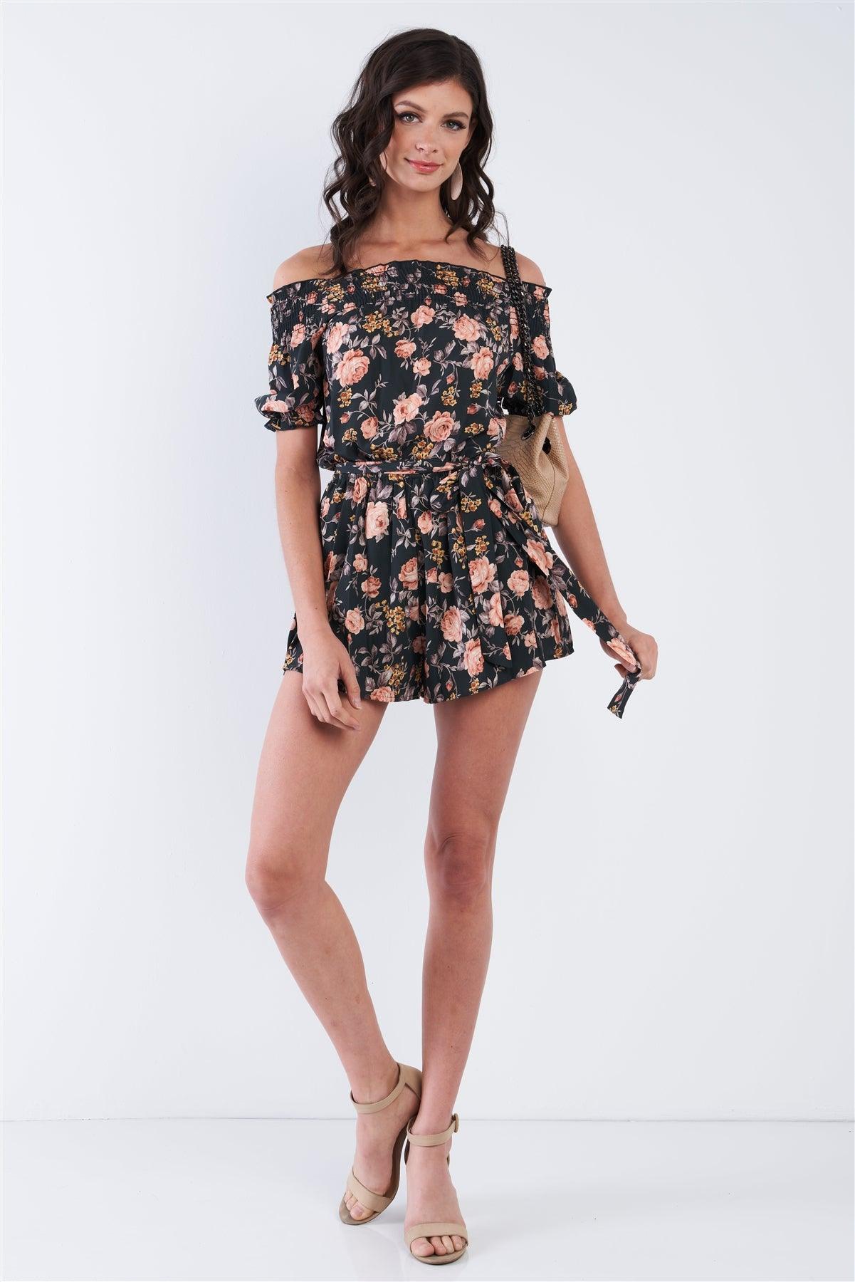 Hunter Green Off The Shoulder Puff Sleeve Rose Print Romper /3-2-1